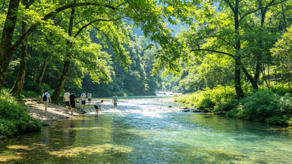 張家界夏季金鞭溪清涼宜人,溪水清澈綠樹成蔭,是遠離市區酷熱的天然避暑勝地