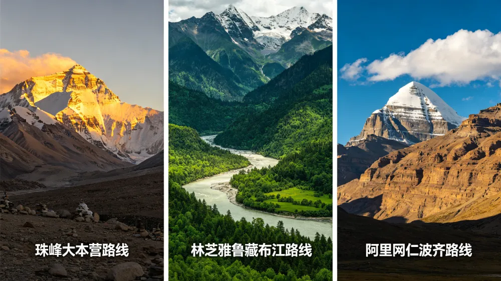 西藏三大熱門旅遊路線風景拼圖,珠峰經典路線、林芝輕鬆路線、阿里深度路線