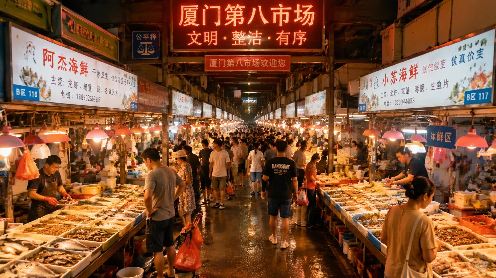 廈門第八市場內部實景,攤位上陳列新鮮海產,本地顧客正在挑選海鮮,市場內人潮絡繹不絕,是廈門最大最傳統的綜合性農貿市場