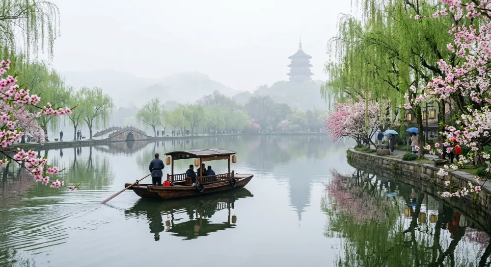 杭州天氣春季西湖煙雨濛濛與桃花盛開絕景