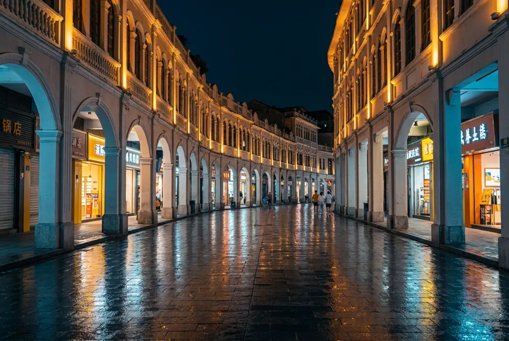 廈門中山路步行街夜景,南洋騎樓建築與暖黃燈光