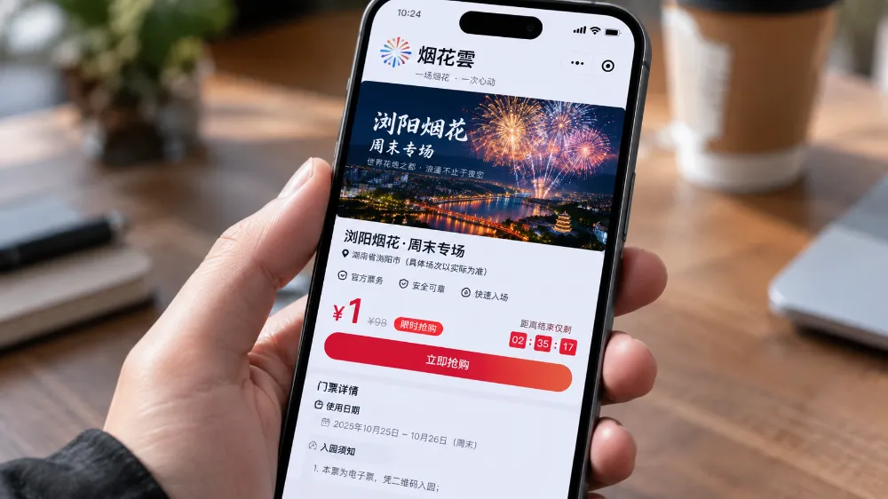 瀏陽週末焰火秀1元門票預約頁面,烟花雲微信小程序截圖