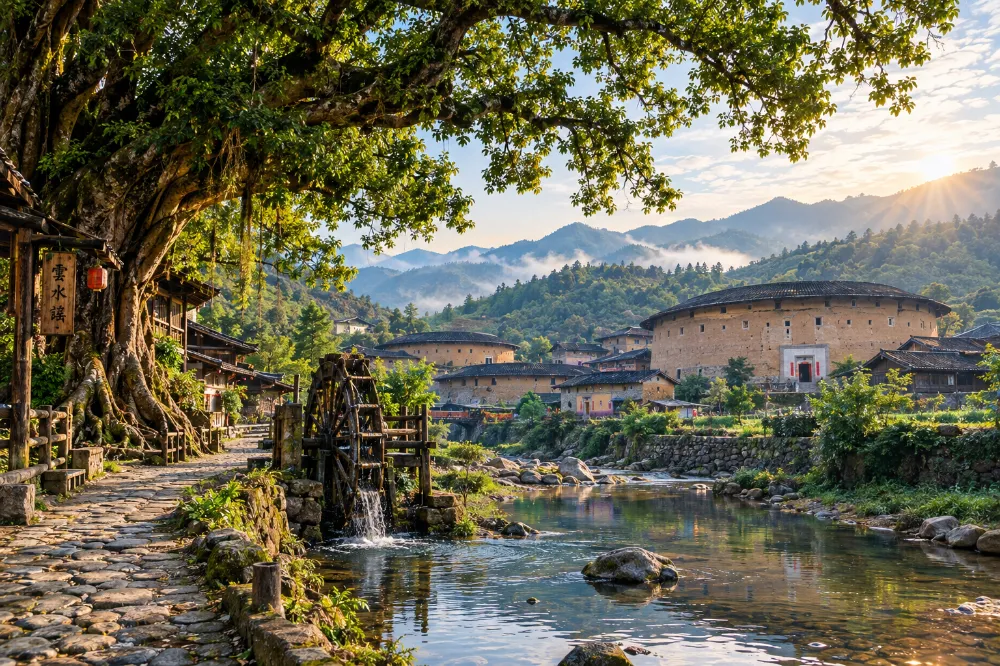 土樓村落全景,強調不是江南水鄉