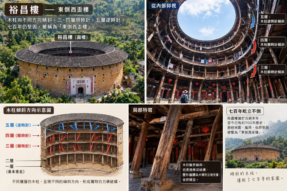 裕昌樓內部木柱向不同方向傾斜,三、四層順時針、五層逆時針,七百年仍堅固,被稱東倒西歪樓。