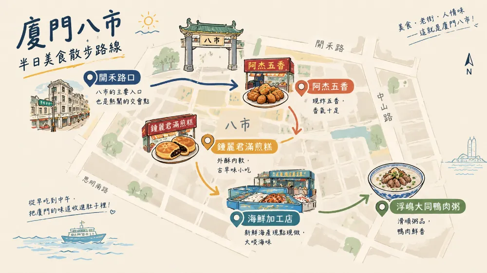廈門八市半日美食漫遊行程路線圖,標示阿杰五香、滿煎糕與海鮮加工店等站點